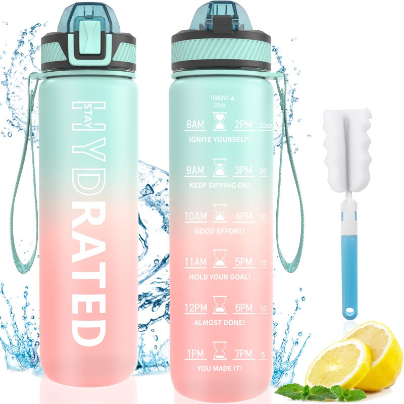 QLUR Water Bottle with Straw  32 oz Motivational Water Bottles with Time Marker to Drink  Tritan BPA Free  1L Sports Water Bottle with Carry Strap LeakProof for Women Men Gym Fitness Outdoor (1 Pack)