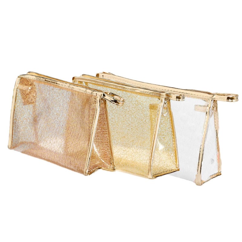 Zippered Travel Cosmetic Pouches Set 3 Pcs Tpu Jelly With Gold Wire White Brown - Image 2