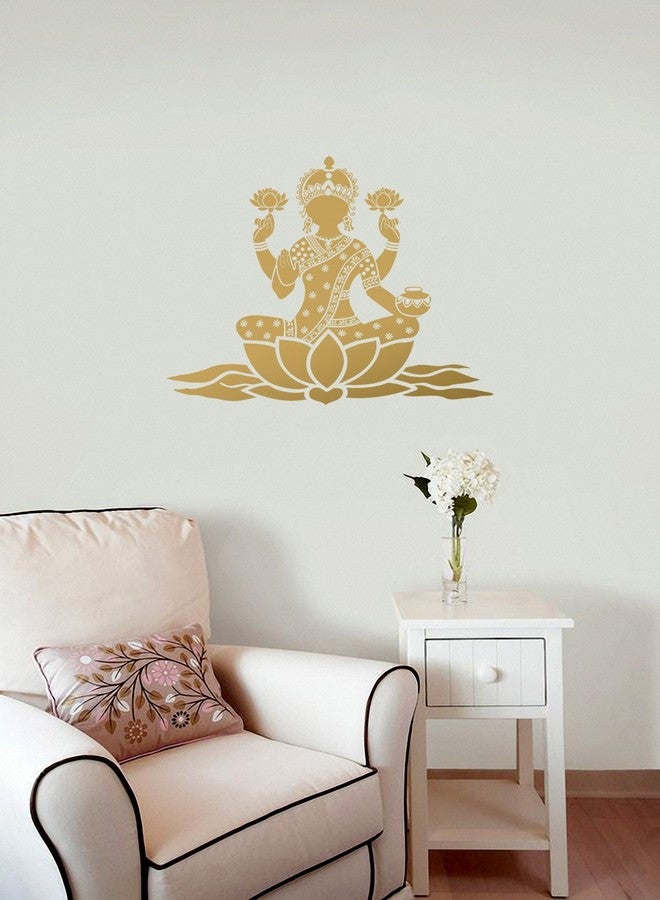 ملصق حائط WallDesign Lotus Lakshmi للمعبد، لون ذهبي (صغير) - ارتفاع 12 بوصة × عرض 9 بوصة