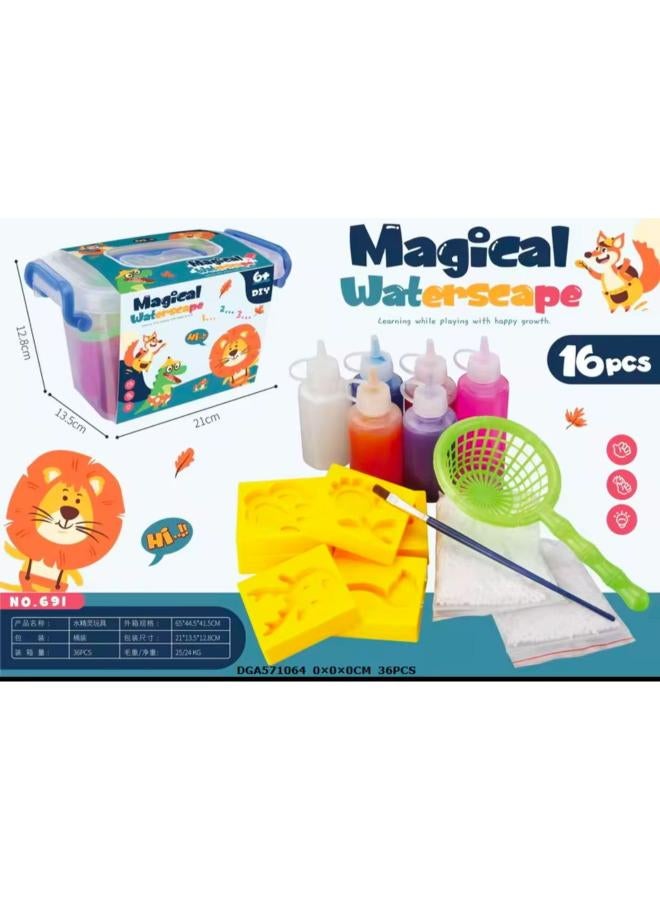 New 3D Magic Water Toys with Molds DIY Water Educational Toy for Kids 6 Colors Bottle +6 Shape Each Shape with Two Sides + Brushh + Syrup +2 Bag 