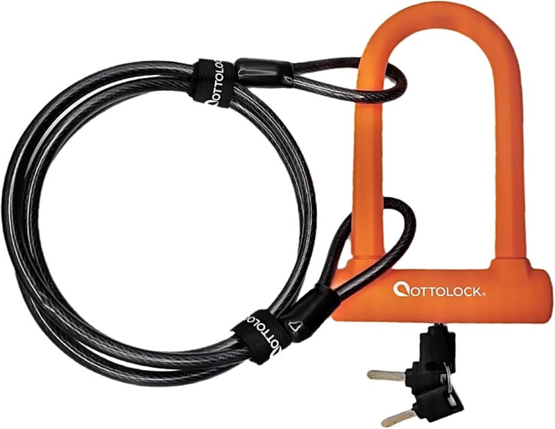 OTTOLOCK Sidekick Compact U-Lock and Cable Bundle - Heavy Duty Anti Theft Bicycle U-Lock with Keys, Silicone-Coated, Bike Accessories, Orange - Image 1