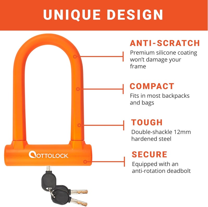 OTTOLOCK Sidekick Compact U-Lock and Cable Bundle - Heavy Duty Anti Theft Bicycle U-Lock with Keys, Silicone-Coated, Bike Accessories, Orange - Image 4