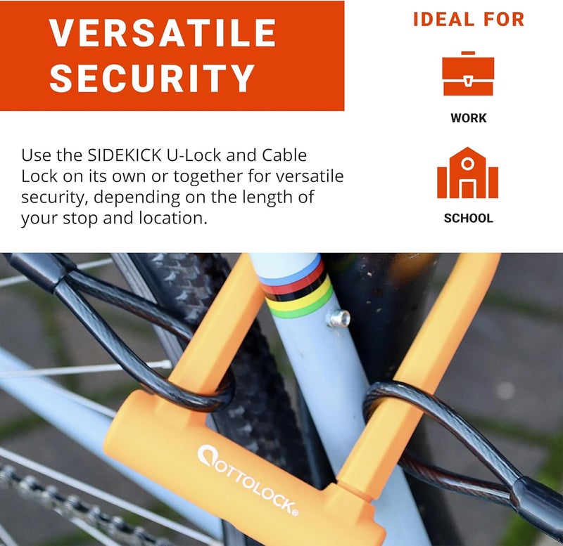 OTTOLOCK Sidekick Compact U-Lock and Cable Bundle - Heavy Duty Anti Theft Bicycle U-Lock with Keys, Silicone-Coated, Bike Accessories, Orange - Image 3