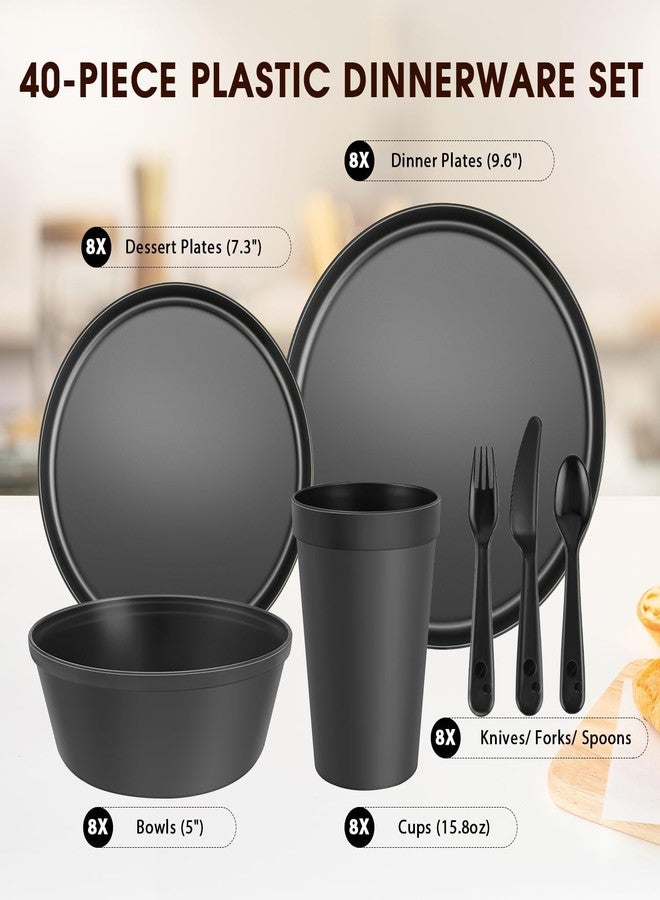 Blwan 40 Piece Plastic Dinnerware Set for 8 with Cutlery, Unbreakable Plates and Bowls Set, Dishwasher & Microwave Safe Reusable Dish Set for Camping, RV, Outdoor Kitchen, Apartment Dining, Black - Image 2