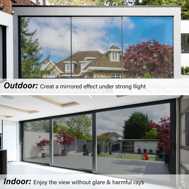 Kromapolis One Way Window Privacy Film Reflective Mirror Home Window Tint, Daytime Privacy Heat Control Anti UV Glass Tinting Static Cling (Silver, 23.6 x 78.7 inch) - Image 2