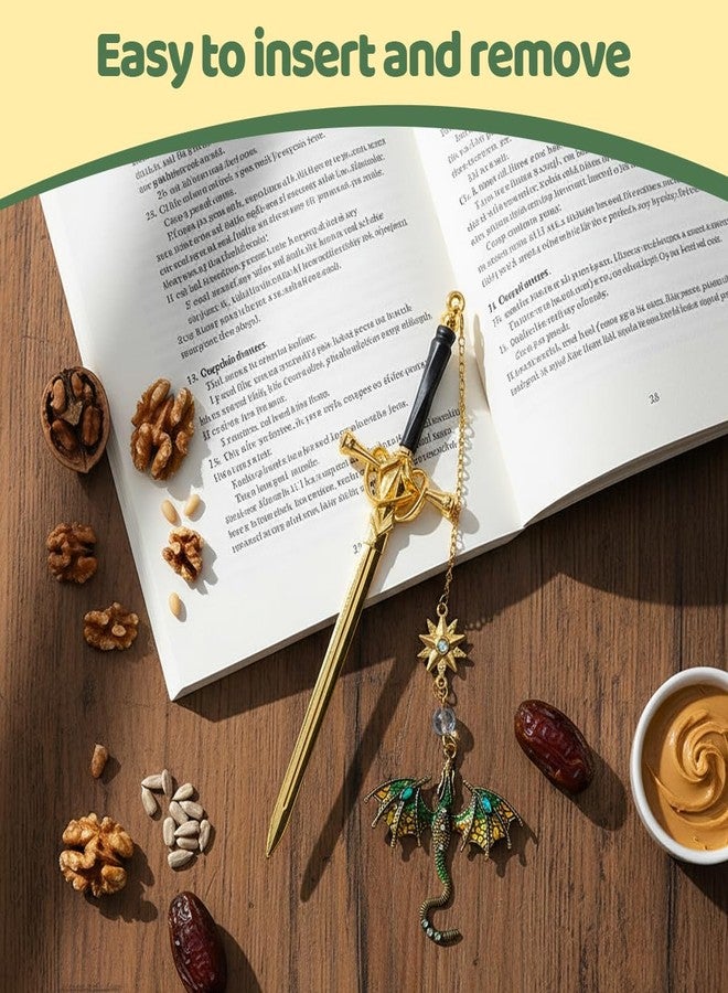 BCNJEPIN فاصل كتب معدني، فواصل كتب بتصميم تنين سيف، إكسسوارات قراءة، هدية لمحبي الكتب، فاصل كتب لطيف مع قلادة تنين طائر (ذهبي) - Image 5
