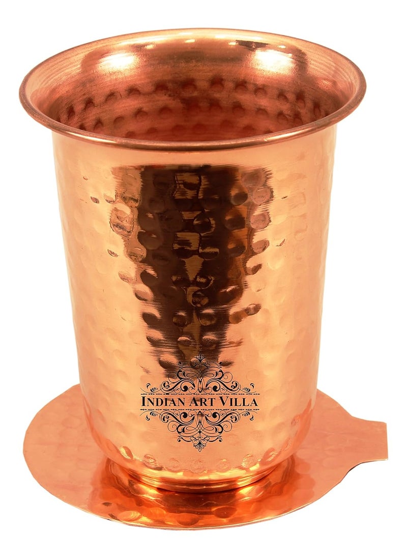 INDIAN ART VILLA 42 X 35 Pure Copper Hammered Glass Tumbler with Coaster 400 ML Serving Drinking Water Home Hotel Restaurant Tableware Good Health Benefit Yoga Ayurveda - Image 1