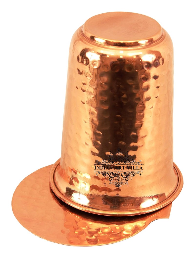 INDIAN ART VILLA 42 X 35 Pure Copper Hammered Glass Tumbler with Coaster 400 ML Serving Drinking Water Home Hotel Restaurant Tableware Good Health Benefit Yoga Ayurveda - Image 3