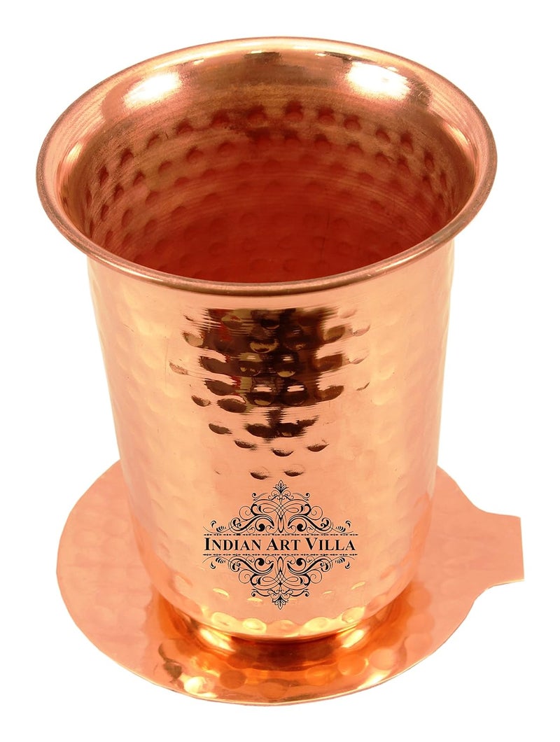 INDIAN ART VILLA 42 X 35 Pure Copper Hammered Glass Tumbler with Coaster 400 ML Serving Drinking Water Home Hotel Restaurant Tableware Good Health Benefit Yoga Ayurveda - Image 2