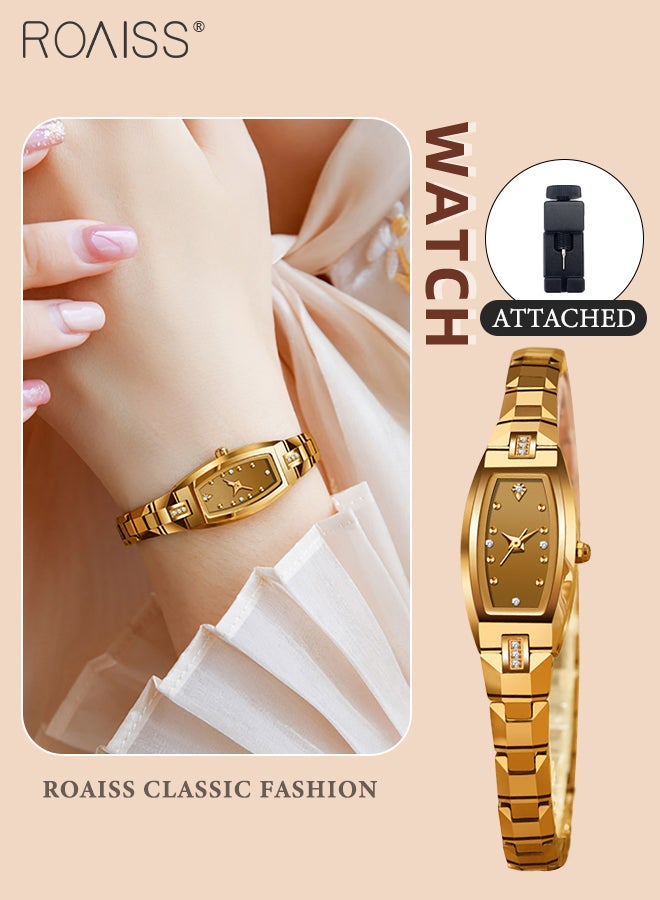 roaiss Women's Tungsten Steel Strap Quartz Watch Analog Display Barrel-Shaped Dial with Zirconium Diamonds Decoration Waterproof Luxurious Wristwatch as Gift for Ladies - Image 1