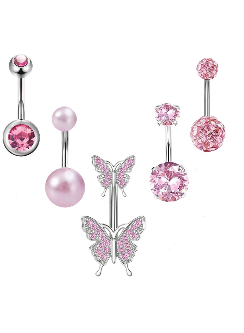 Innoshine 5pcs butterfly style Belly Ring Set Stainless Steel  pink  belly Button for Women perfect for holiday&dating & party & wedding  - Image 1