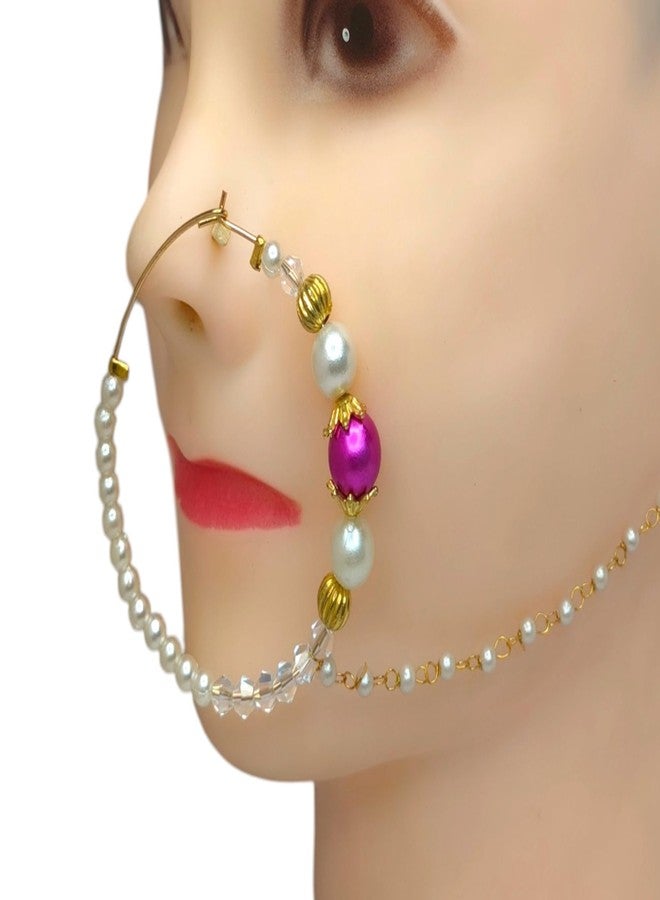 SUN SHINE Traditional Pearl Nose Ring, Gold and Pink Beaded Nath, Indian Bridal Jewelry - Image 3