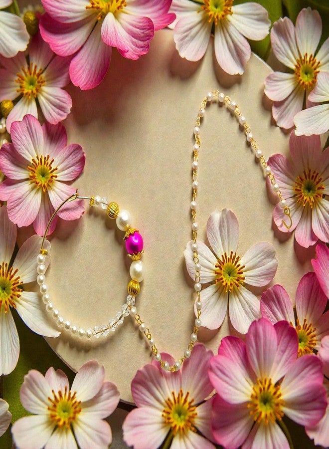 SUN SHINE Traditional Pearl Nose Ring, Gold and Pink Beaded Nath, Indian Bridal Jewelry - Image 2