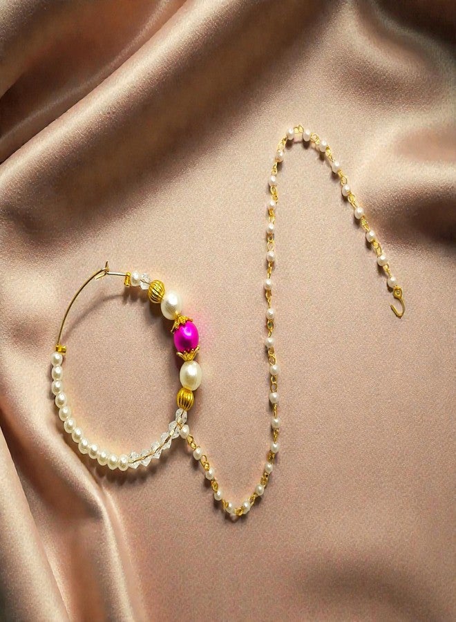 SUN SHINE Traditional Pearl Nose Ring, Gold and Pink Beaded Nath, Indian Bridal Jewelry - Image 4