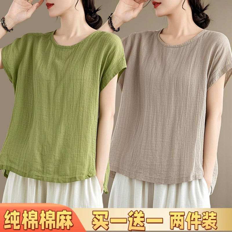 Plus Size Commuter Style Korean Style Pure Color Short-Sleeved T-Shirt Summer Thin Cotton Women'S Casual Style Two-Piece Linen White - Image 1