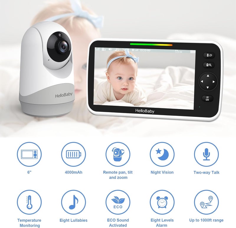 HelloBaby 6IPS Large Screen Video Baby Monitor with Upgraded 4000mAh Battery 2Way Talk Night Vision PanTiltZoom No WiFi ECO Mode - Image 2
