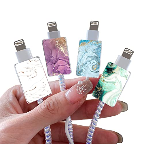 CameCosy Marble Cable Protector for iPhone Type-c Charger,Sparkle Bling Marble Liquid Pattern 4 PCS Set Cable Protector for Women Girls Kids,Cable Chomper,Phone Charger Saver-Blue/White/Green/Purple - Image 5