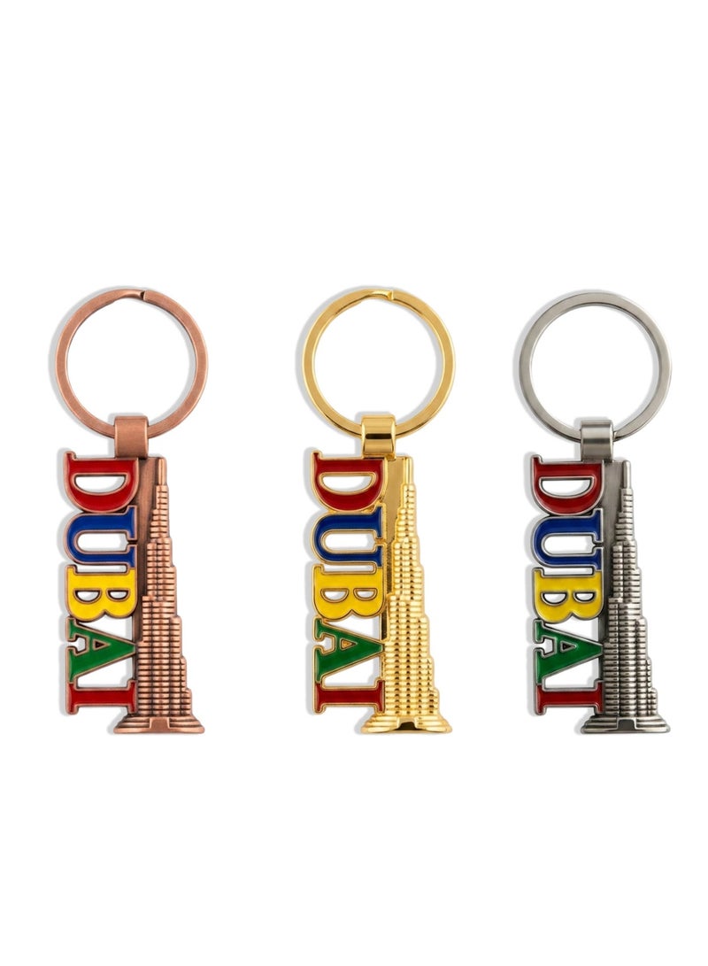 Souvenir Souq 3 Pcs Dubai Keychain Set – Burj Khalifa with Colorful Dubai Font - Image 1