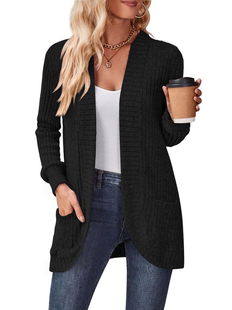 DB MOON Womens Long Cardigan Lightweight Sweater Open Front Long Sleeve Outfits with Pockets S, Black - Image 2
