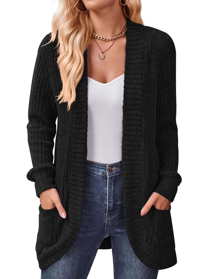 DB MOON Womens Long Cardigan Lightweight Sweater Open Front Long Sleeve Outfits with Pockets S, Black - Image 1