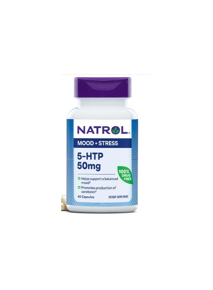 Natrol Mood & Stress 5-HTP 50mg, Dietary Supplement Helps Support a Balanced Mood, 45 Capsules