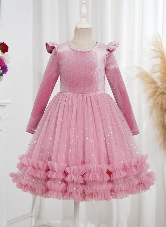 OBEEII Toddler Flower Girl Dress Girls Christmas Pageant Dress Winter Long Sleeve Sparkly Sequins Velvet Dresses Kids Xmas Formal Birthday Ruffle Tulle Tutu Ball Gown Dusty Pink 4-5 Years - Image 3