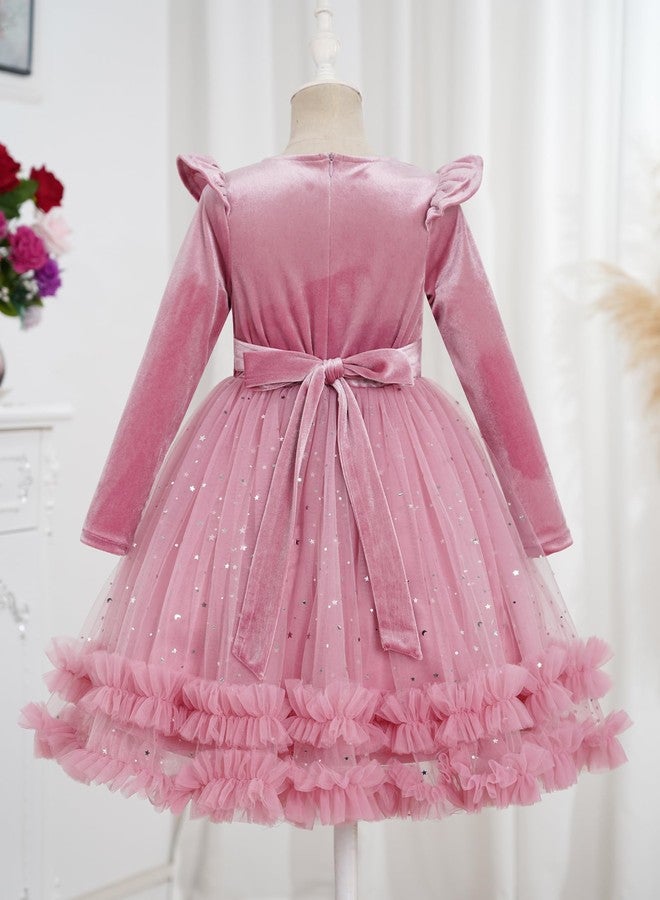 OBEEII Toddler Flower Girl Dress Girls Christmas Pageant Dress Winter Long Sleeve Sparkly Sequins Velvet Dresses Kids Xmas Formal Birthday Ruffle Tulle Tutu Ball Gown Dusty Pink 4-5 Years - Image 5