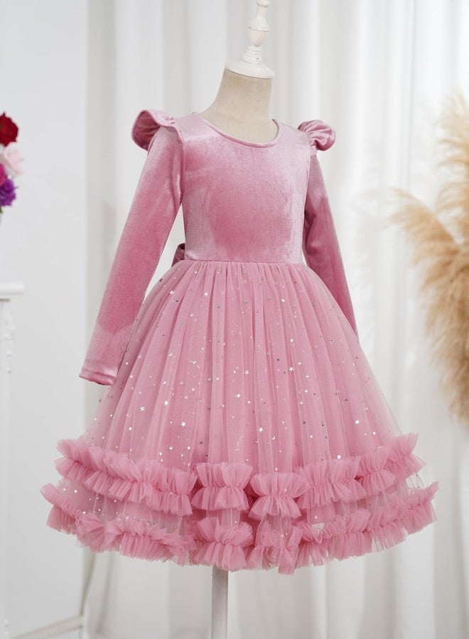OBEEII Toddler Flower Girl Dress Girls Christmas Pageant Dress Winter Long Sleeve Sparkly Sequins Velvet Dresses Kids Xmas Formal Birthday Ruffle Tulle Tutu Ball Gown Dusty Pink 4-5 Years - Image 4
