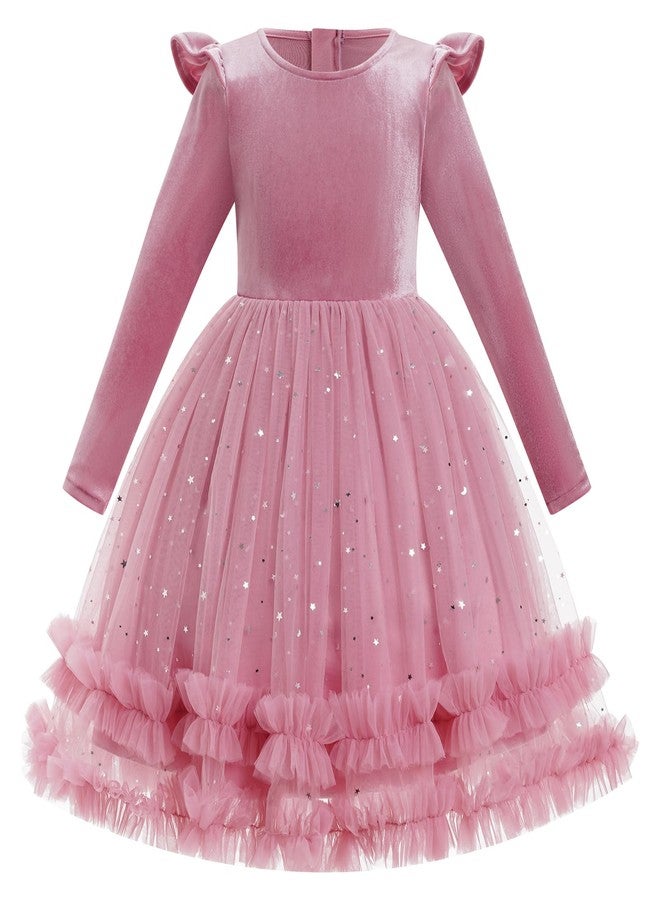OBEEII Toddler Flower Girl Dress Girls Christmas Pageant Dress Winter Long Sleeve Sparkly Sequins Velvet Dresses Kids Xmas Formal Birthday Ruffle Tulle Tutu Ball Gown Dusty Pink 4-5 Years - Image 1