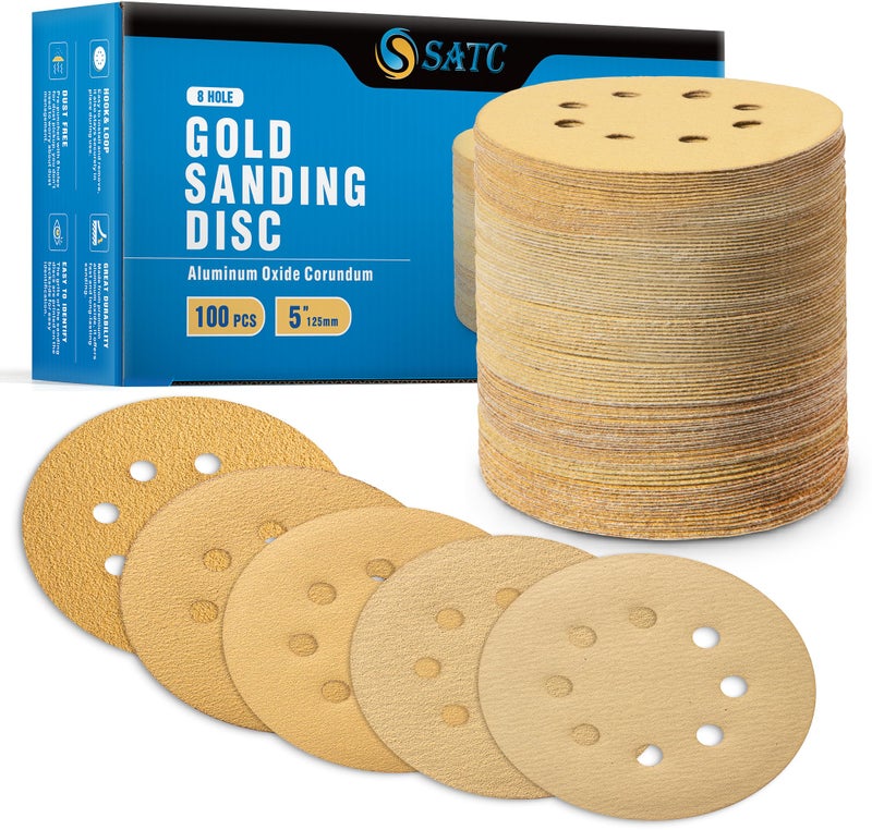S SATC 100PCS 5 Inch Sanding Discs 6080120150220 Grits Gold Sanding Discs Hook and Loop 8 Holes Sandpaper Orbital Sander