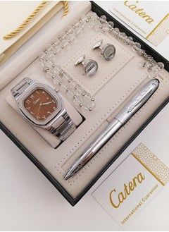 Watch set with silver bracelet and brown dial