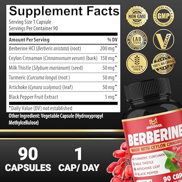 BMVINVOL Berberine, Ceylon Cinnamon, Turmeric, Milk Thistle, Artichoke, Black Pepper - 90 Capsules for Digestion, Immunity [3-Month Supply] - Image 2