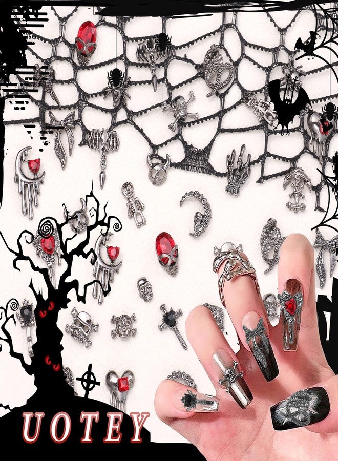 Uotey 38 Pcs Halloween Nail Charms and Rhinestones, Gothic Nails Charm 3D Skull Heart Nails Gems and Charms, Dark Silver Snake Bowtie Moon Charm for Women Halloween DIY Nail Art Accessories - Image 5