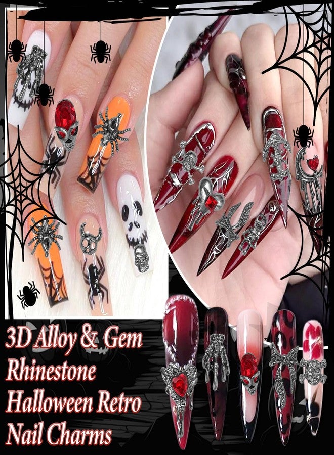 Uotey 38 Pcs Halloween Nail Charms and Rhinestones, Gothic Nails Charm 3D Skull Heart Nails Gems and Charms, Dark Silver Snake Bowtie Moon Charm for Women Halloween DIY Nail Art Accessories - Image 4