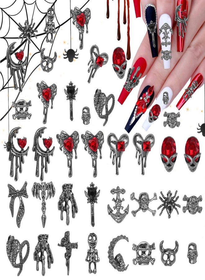 Uotey 38 Pcs Halloween Nail Charms and Rhinestones, Gothic Nails Charm 3D Skull Heart Nails Gems and Charms, Dark Silver Snake Bowtie Moon Charm for Women Halloween DIY Nail Art Accessories - Image 1