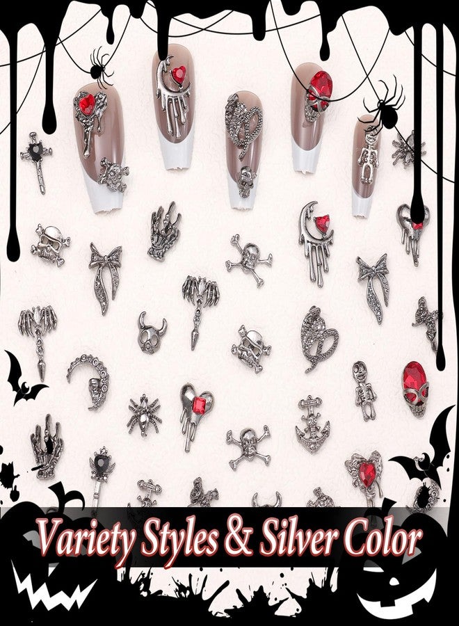 Uotey 38 Pcs Halloween Nail Charms and Rhinestones, Gothic Nails Charm 3D Skull Heart Nails Gems and Charms, Dark Silver Snake Bowtie Moon Charm for Women Halloween DIY Nail Art Accessories - Image 3