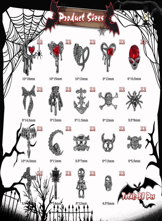 Uotey 38 Pcs Halloween Nail Charms and Rhinestones, Gothic Nails Charm 3D Skull Heart Nails Gems and Charms, Dark Silver Snake Bowtie Moon Charm for Women Halloween DIY Nail Art Accessories - Image 2