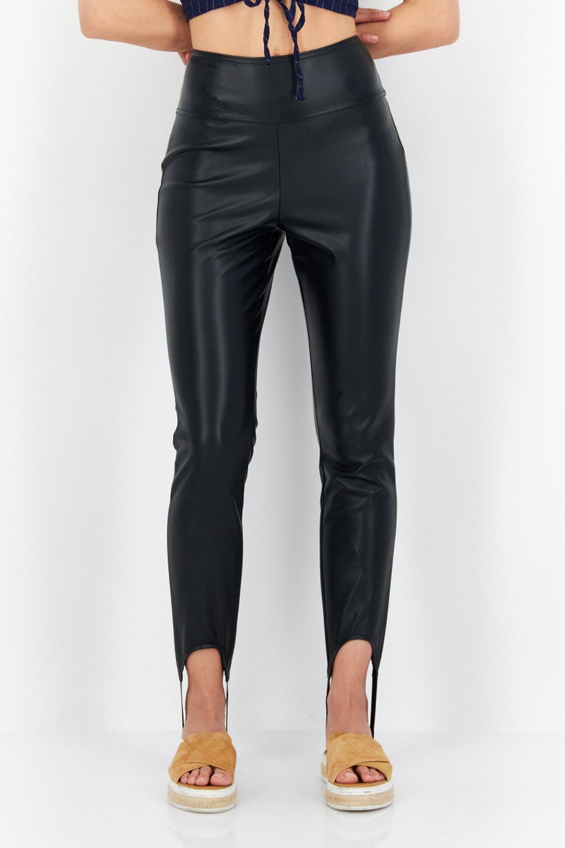 Weworewhat Women Skinny Fit High Rise Plain Leather Pants, Black - Image 1