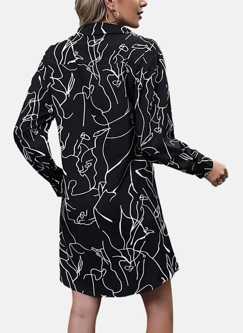 يونيكي Black Flared Printed Collared Long Sleeve Dress