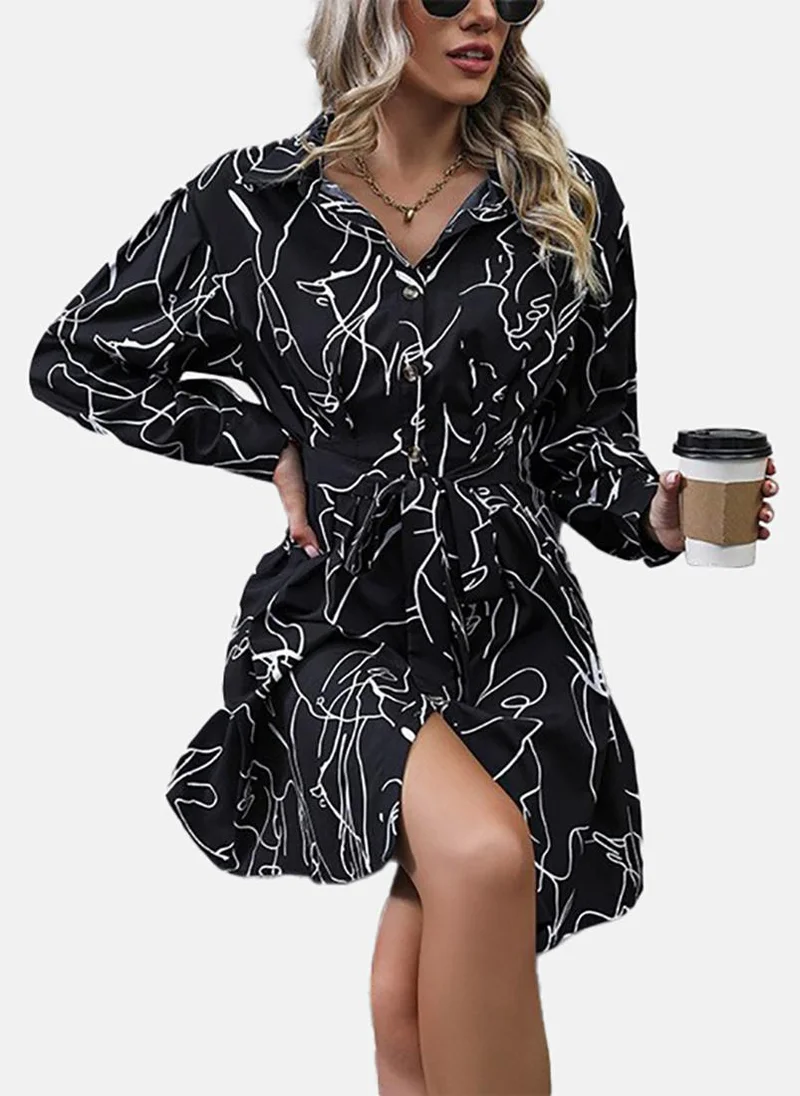يونيكي Black Flared Printed Collared Long Sleeve Dress