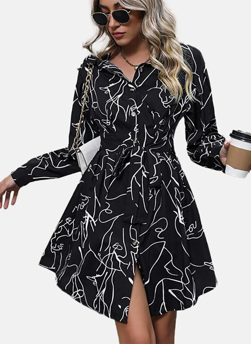 يونيكي Black Flared Printed Collared Long Sleeve Dress