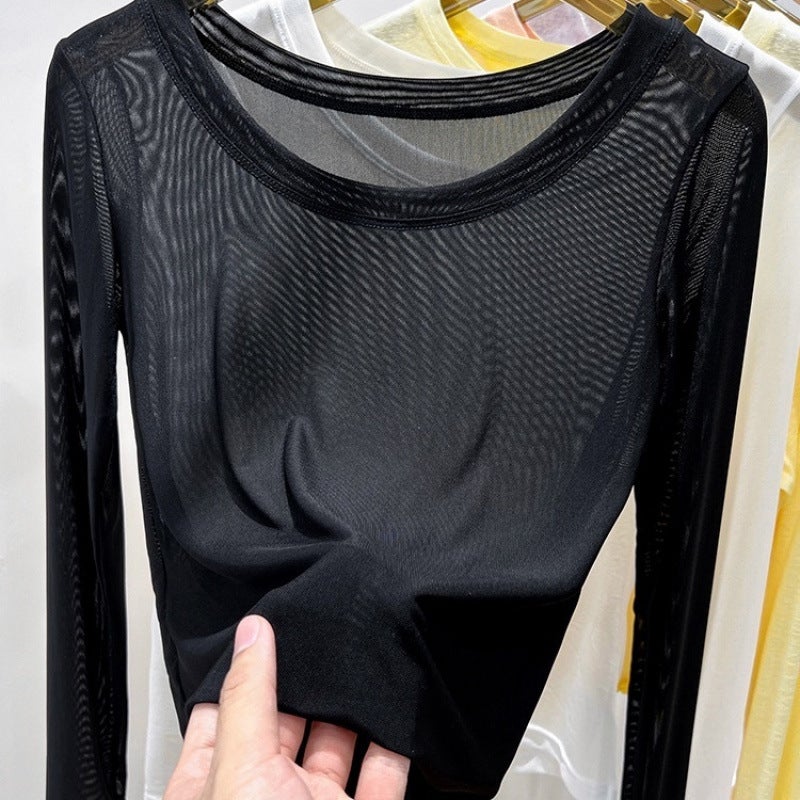Black Mesh Base Shirt Women'S Transparent Thin Tulle Clothes Western Style Inner Lace T-Shirt Ice Silk Top For Summer - Image 2