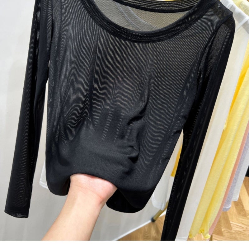 Black Mesh Base Shirt Women'S Transparent Thin Tulle Clothes Western Style Inner Lace T-Shirt Ice Silk Top For Summer - Image 3