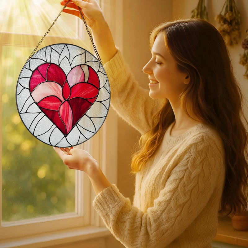 LAOWEIKI 8'' Valentine Heart Suncatcher Ornament, Stained Glass Window Hanging, Suncatchers for Windows Hanging Ornaments, Valentine's Romantic Decor | Valentine's Day Gift, Gifts for Girlfriend, Wife - Image 2