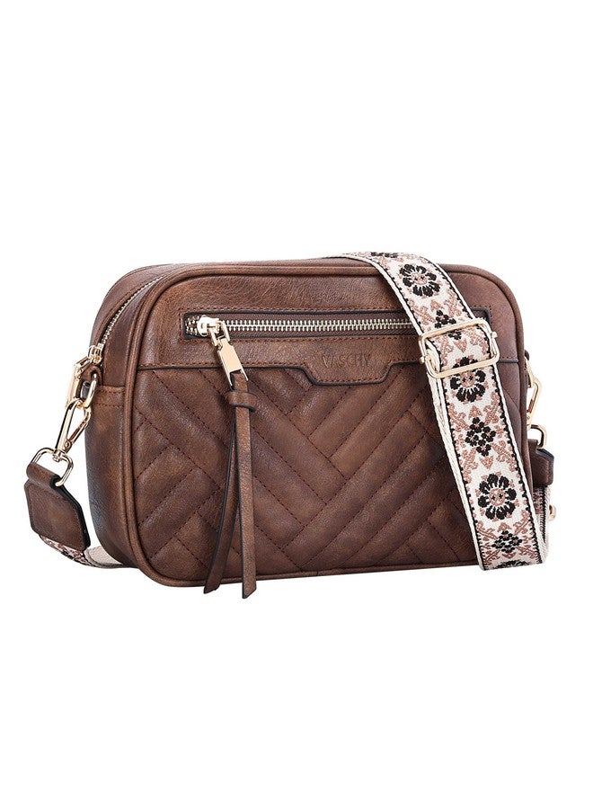 Vaschy Crossbody Purse Bags For Women Trendy Vegan Leather Quilted Chevron Small Crossover Shoulder Bag With Detachable Guitar Strap Coffee - Image 1