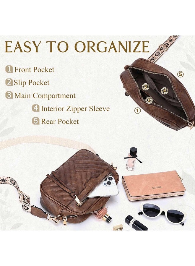 Vaschy Crossbody Purse Bags For Women Trendy Vegan Leather Quilted Chevron Small Crossover Shoulder Bag With Detachable Guitar Strap Coffee - Image 2