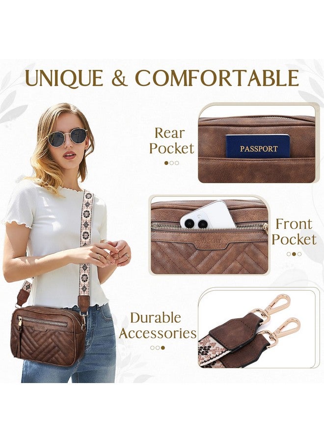 Vaschy Crossbody Purse Bags For Women Trendy Vegan Leather Quilted Chevron Small Crossover Shoulder Bag With Detachable Guitar Strap Coffee - Image 3