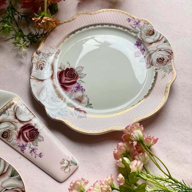Vigneto | Rose Garden Snack Set (1 Serving Plate, 6 Quarter Plates, 1 Server) | Finest Premium Porcelain | Luxury Floral Tableware - Image 2