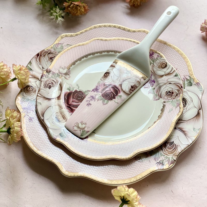 Vigneto | Rose Garden Snack Set (1 Serving Plate, 6 Quarter Plates, 1 Server) | Finest Premium Porcelain | Luxury Floral Tableware - Image 1