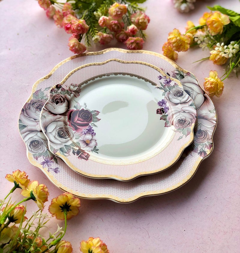 Vigneto | Rose Garden Snack Set (1 Serving Plate, 6 Quarter Plates, 1 Server) | Finest Premium Porcelain | Luxury Floral Tableware - Image 3